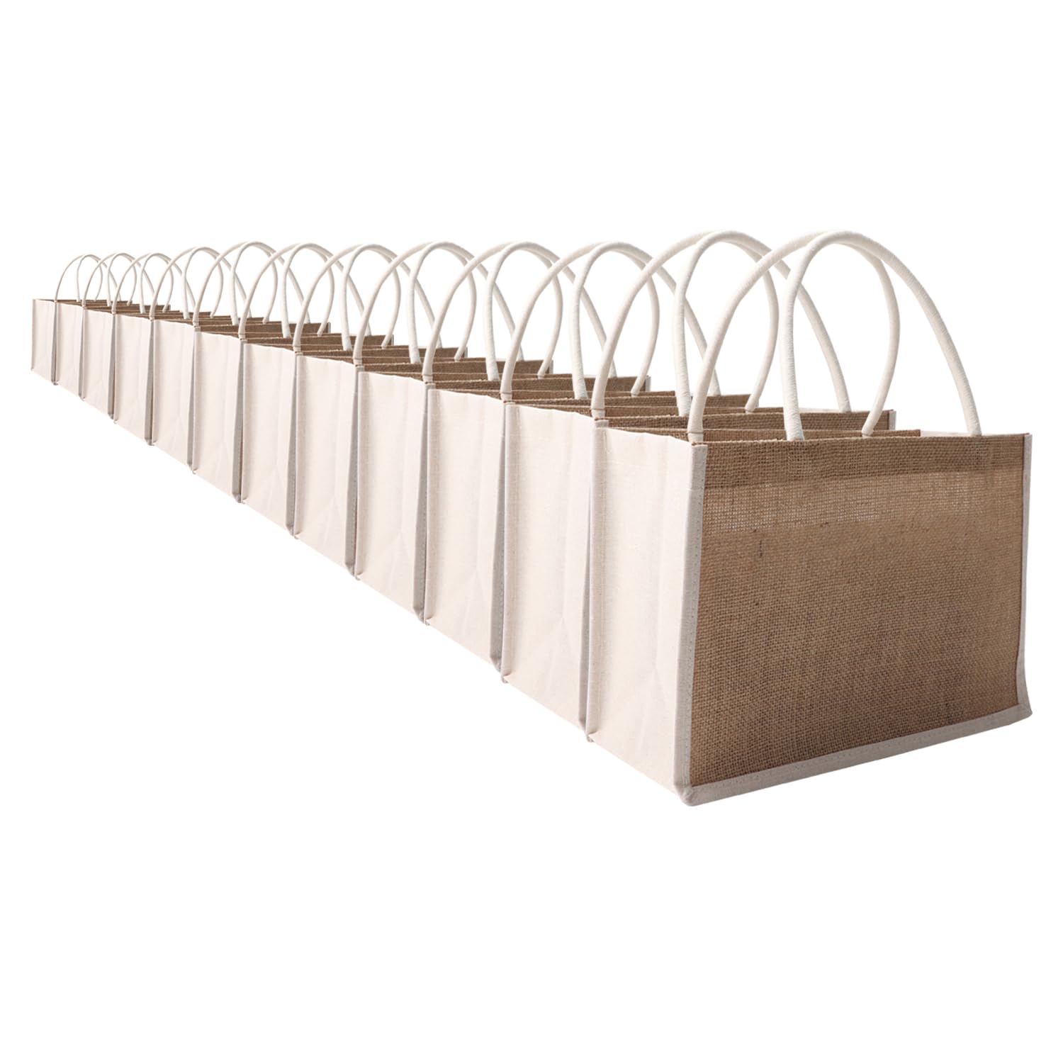 MEIANJU Bolsa de yute de playa con asas, 12 unidades, bolsa de yute para regalo, 12.5 x 8.6 x 5.8 pulgadas, bolsa de yute para boda