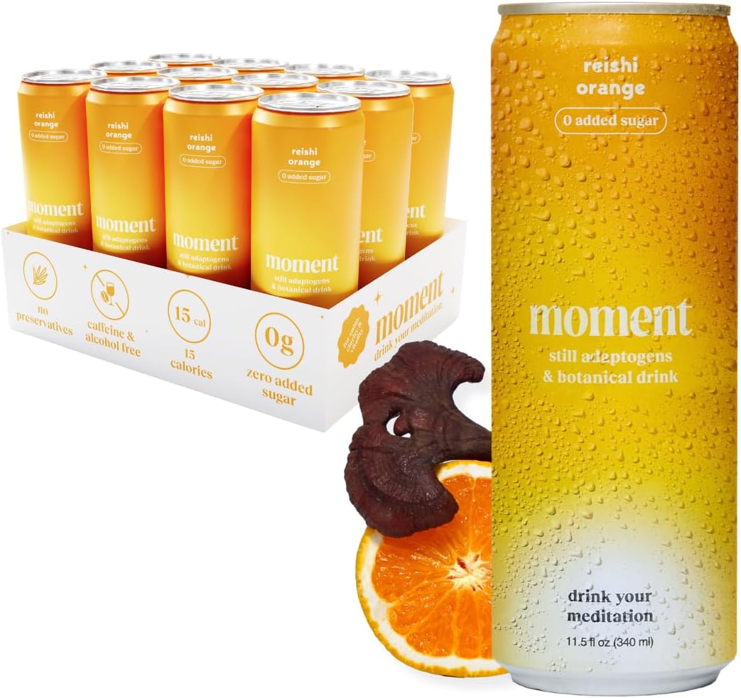 Moment Adaptogen Drink (Shark Tank) | NON-CARBONATED Non Alcoholic Drinks | Reishi Orange | Vitamin C for Immunity | L-Theanine & Ashwagandha for Calm & Clarity | 0 Added Sugar, 0 Caffeine | 12-pack