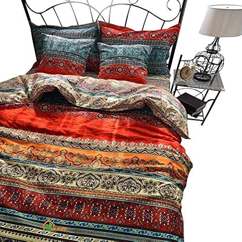 HNNSI Bohemia Exotic Striped Bedding Set, 100% Brushed Cotton Thick Boho Reversible Duvet/Quilt/Comforter Cover Set (Fitted Sheet Set, Queen) Cover