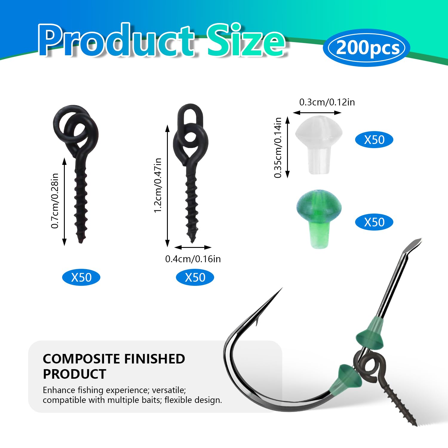 Tornillos para Cebo de Pesca Gancho para Cuentas de Goma Gancho para Carpa para Pescar Set de Accesorios de Pesca 100 Tornillos para Cebo y 100 Puntas de Seguridad