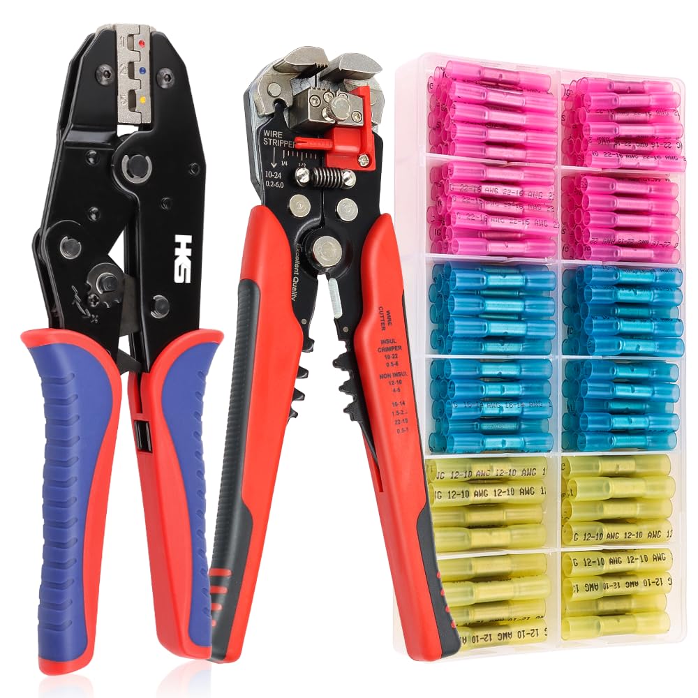 HKS Crimping Tool for Heat Shrink Connectors with 3 in 1 Stripper & 180PCS Marine Grade Heat Shrink Butt Connectors of Tinned Red Copper AWG 22-10