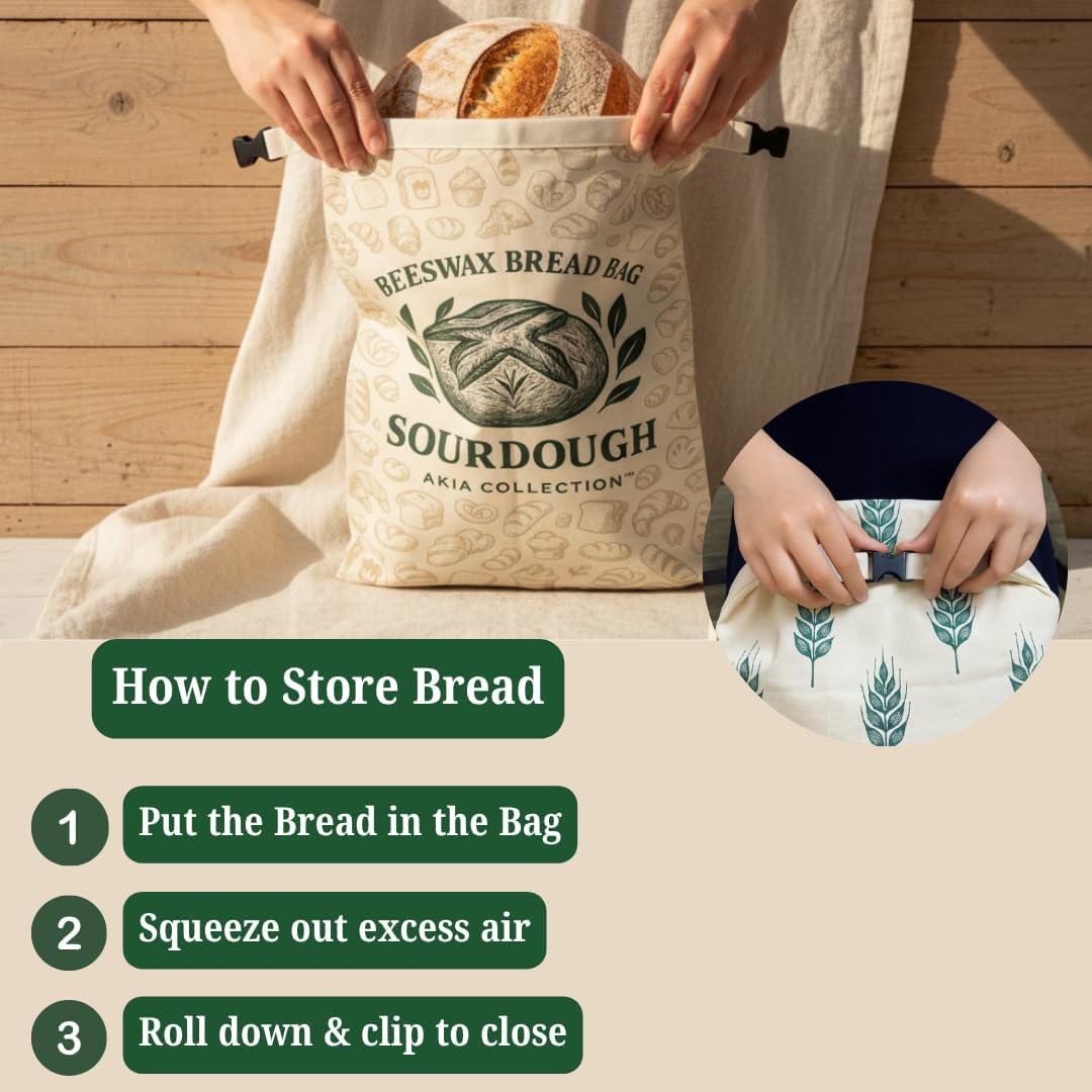 Reusable Beeswax Bread Bags for Homemade Bread & Sourdough (2 Bags + 1 Beeswax Bowl Cover) - XL Waxed Cotton Sourdough Bread Bags, Natural Food-Safe Storage, Keeps Loaves Fresh Longer, Zero Waste