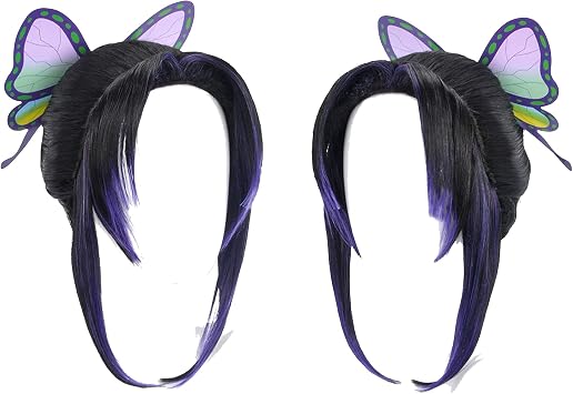 Shinobu Kocho Wig Cosplay with Butterfly Hair Clip Accessories Black Purple Costume Wig with Wig Cap