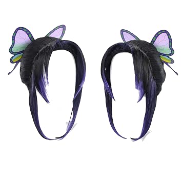 Shinobu Kocho Wig Cosplay Black Gradient Purple Wig Hair with Butterfly Hair Clip Hair Accessories Anime Costume with Wig Cap