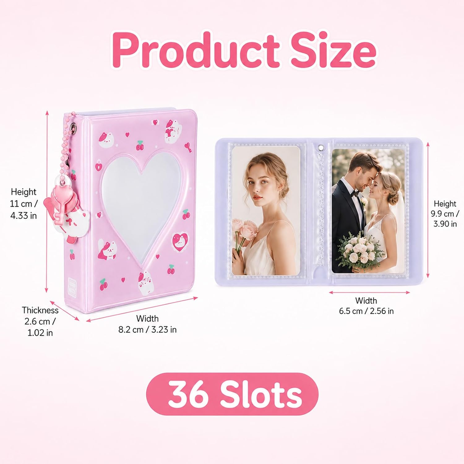Mini Photo Album, 3 Inch Mini Photocard Binder Heart Hollow Card Binder Cute Style Pink White Cat Card Holder Collectible Album with Pendant 36 Pockets image 2