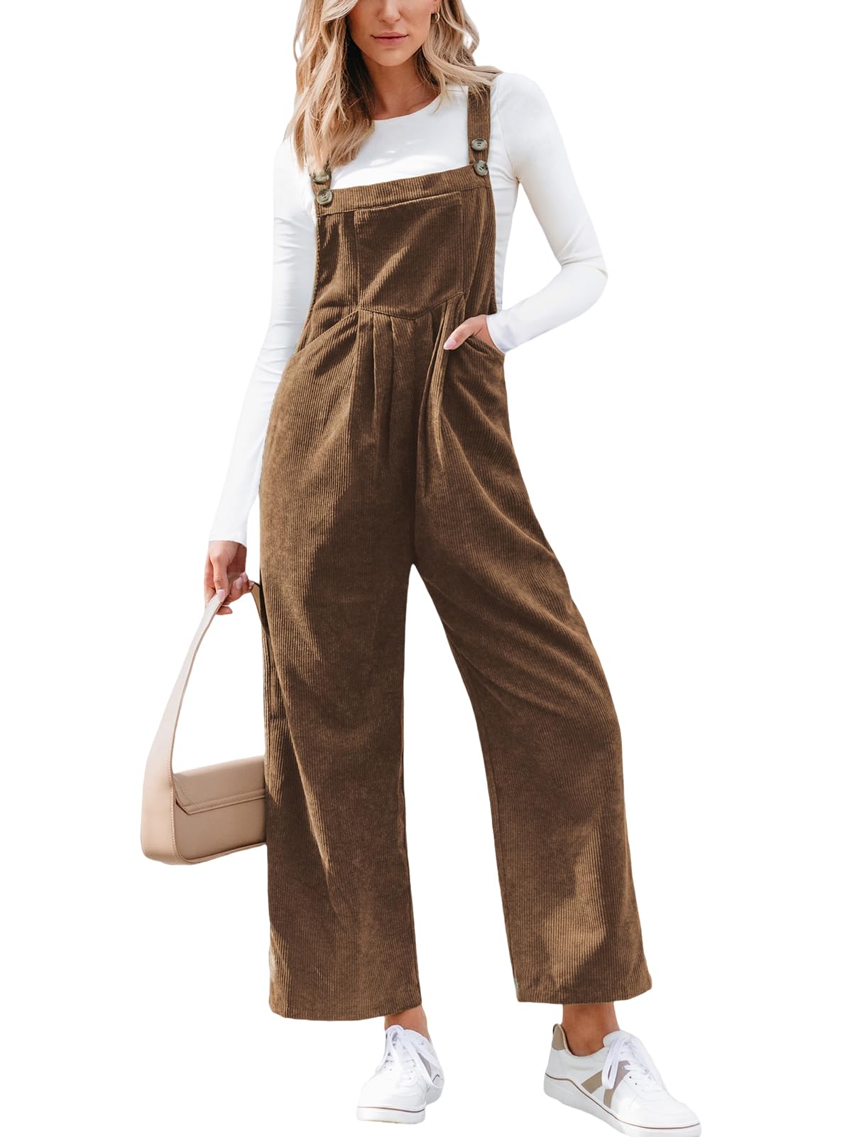 CUPSHE Damen Cord Latzhosen Ärmellos Overall Jumpsuit Weites Bein Lang Playsuit Herbst Winter Lose Hosenanzug mit Taschen