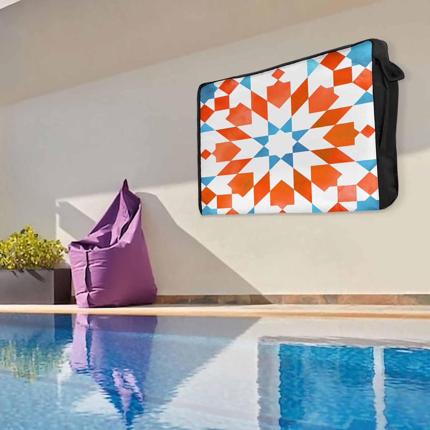 Outdoor TV Cover 43 Inch Orange Blue Boho TV Enclosure Geometric Bohemian TV Covers for Outside TV Display Screen Protector with Remote Control Pocket Home Decor