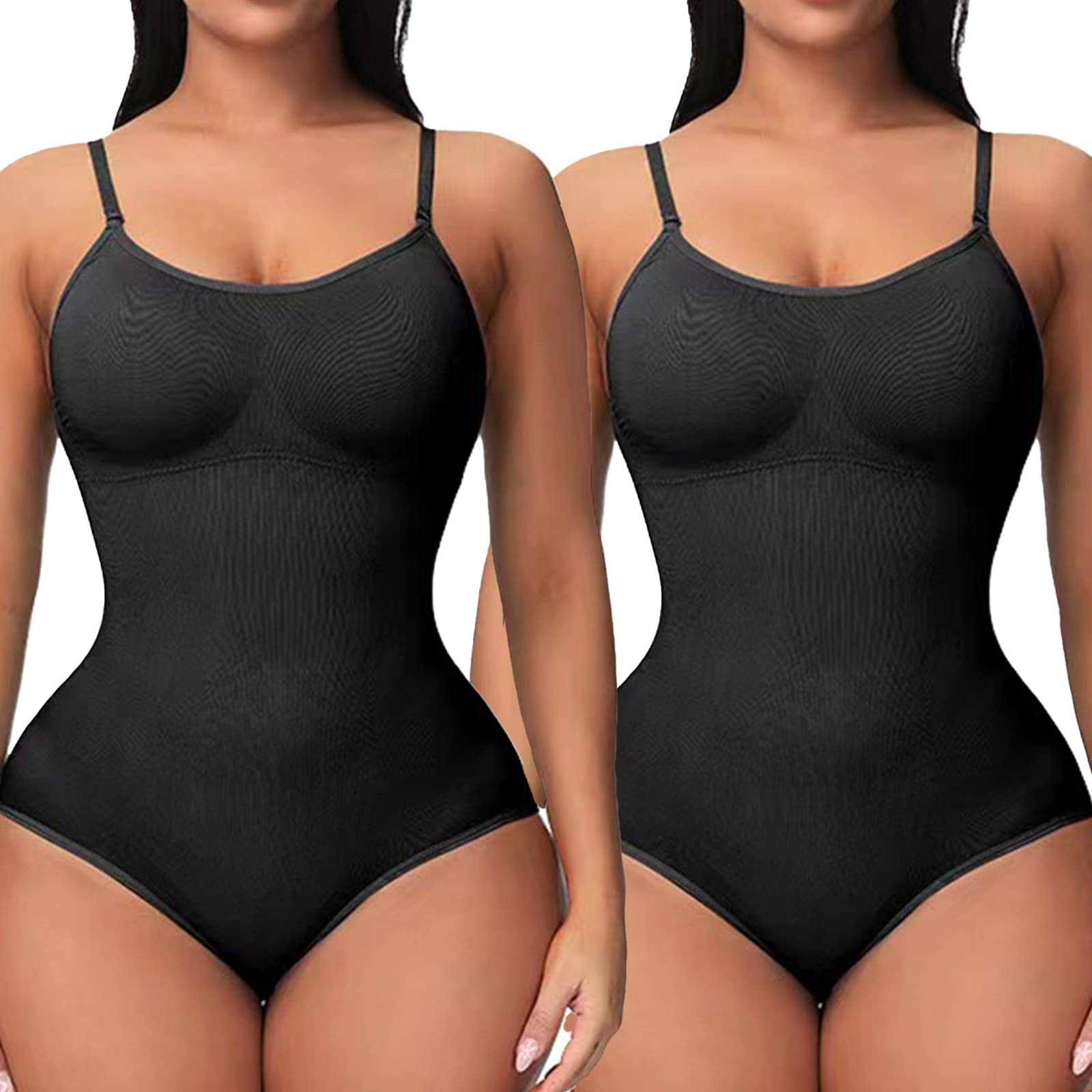 2 Pack Bodysuit for Women - Seamless Tummy Control Shapewear Sculpting Thong Sleeveless Women Body Shaper