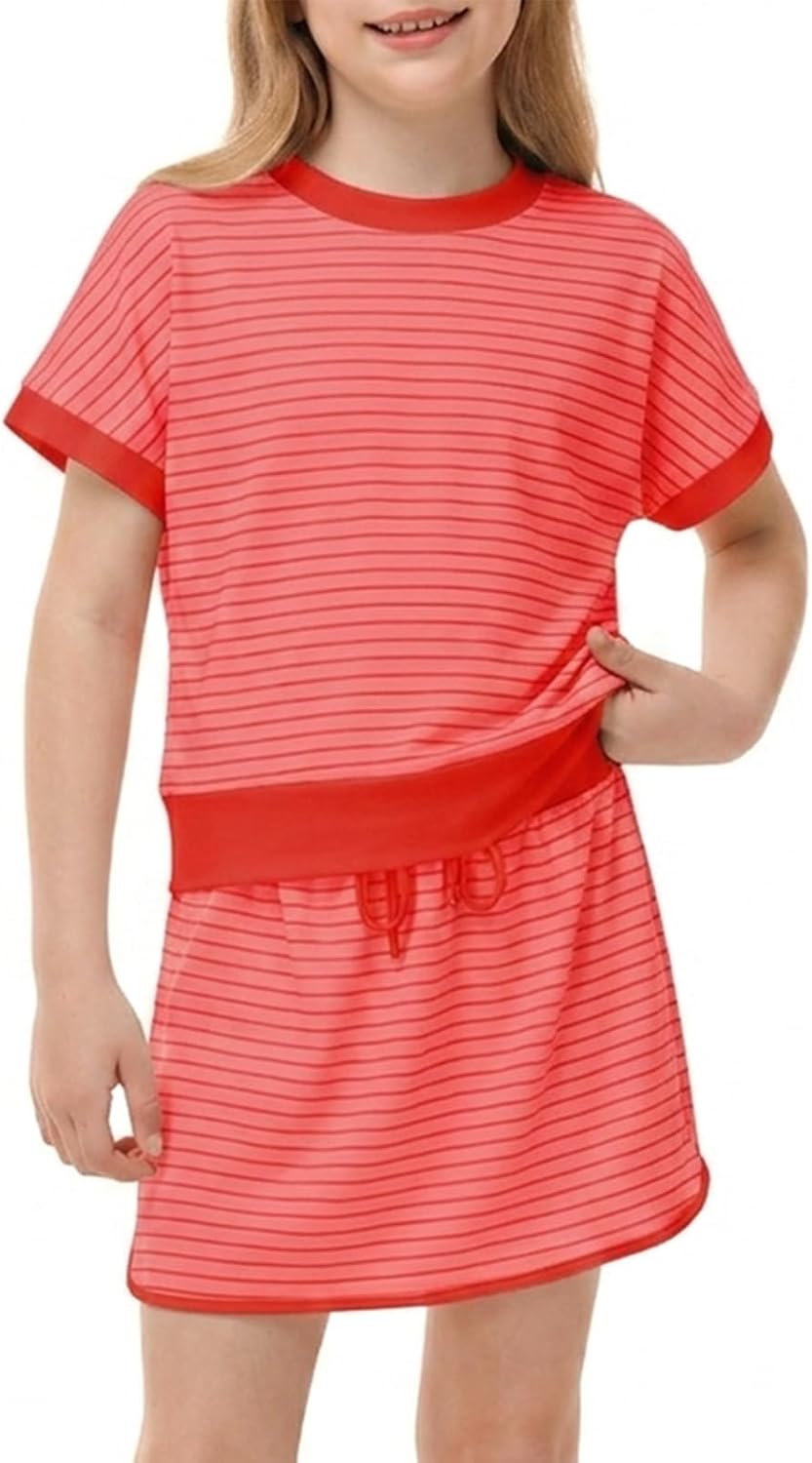 Girls 2 Piece Outfits Summer Short Sleeve Tops Skort Skirt with Built-in Shorts Set Casual Matching Sets