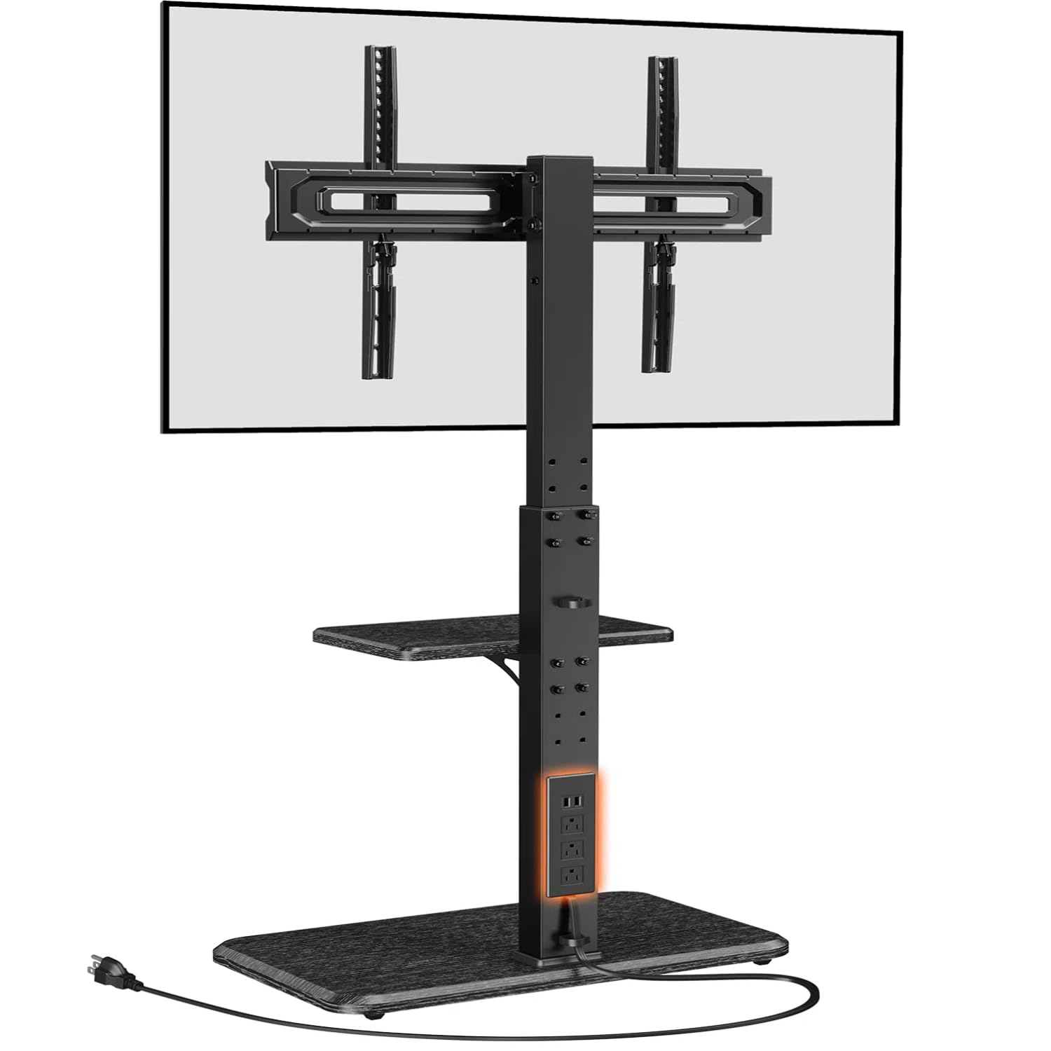 Perlegear Floor TV Stand with Power Outlet, Universal TV Stand for 32-75 inch TVs up to 110 lbs, Height Adjustable Standing TV Mount, Tall TV Mount with Wood Base, Max VESA 600x400mm, PGFS06