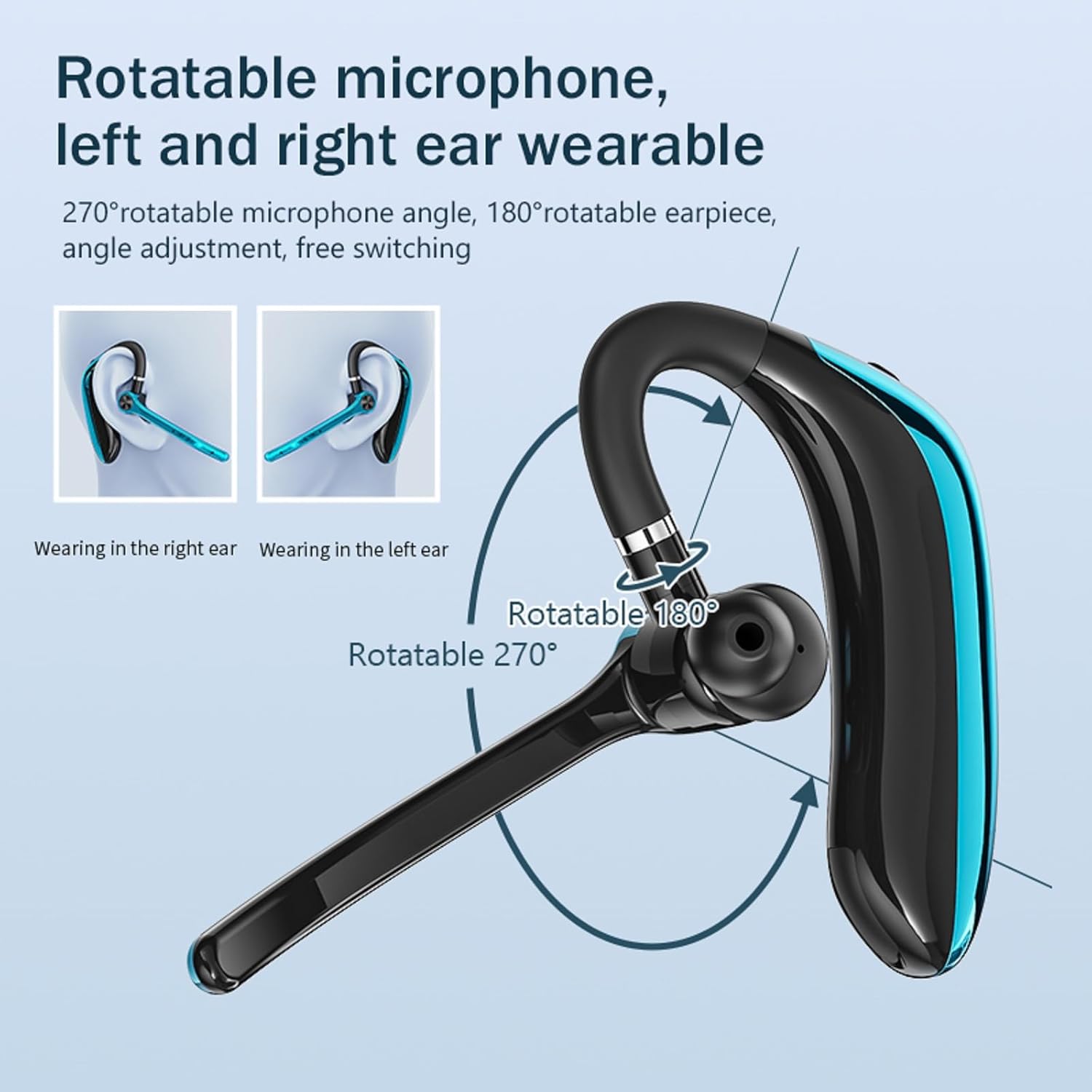 Diagram showing the CNBRO M80A Headset's rotatable microphone (270 degrees) and earpiece (180 degrees) for left or right ear wearing.
