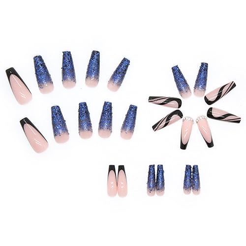 Miniatura 3 de YoYoee - 24 uñas postizas largas a presión tipo ataúd francés, uñas acrílicas degradadas, uñas brillantes para mujer y mujer