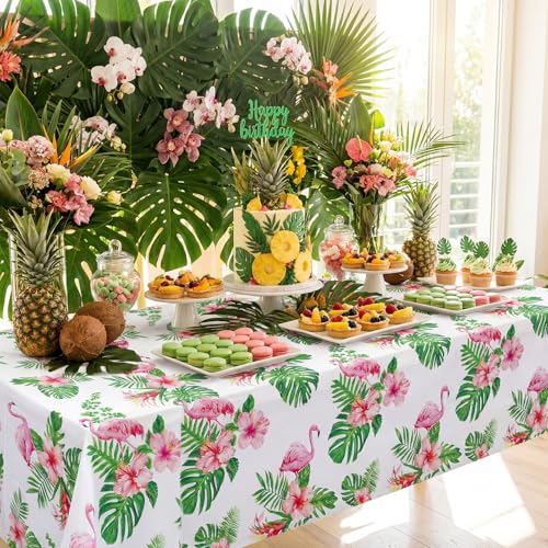 Image of NatNarr 3 Pack Hawaiian Luau Party Tablecloth, 54 x 108 Inch Disposable Tropical Palm Leaves Table Cloth Waterproof Rectangle Table Cover for Summer Beach Pool Cocktail Party Decorations