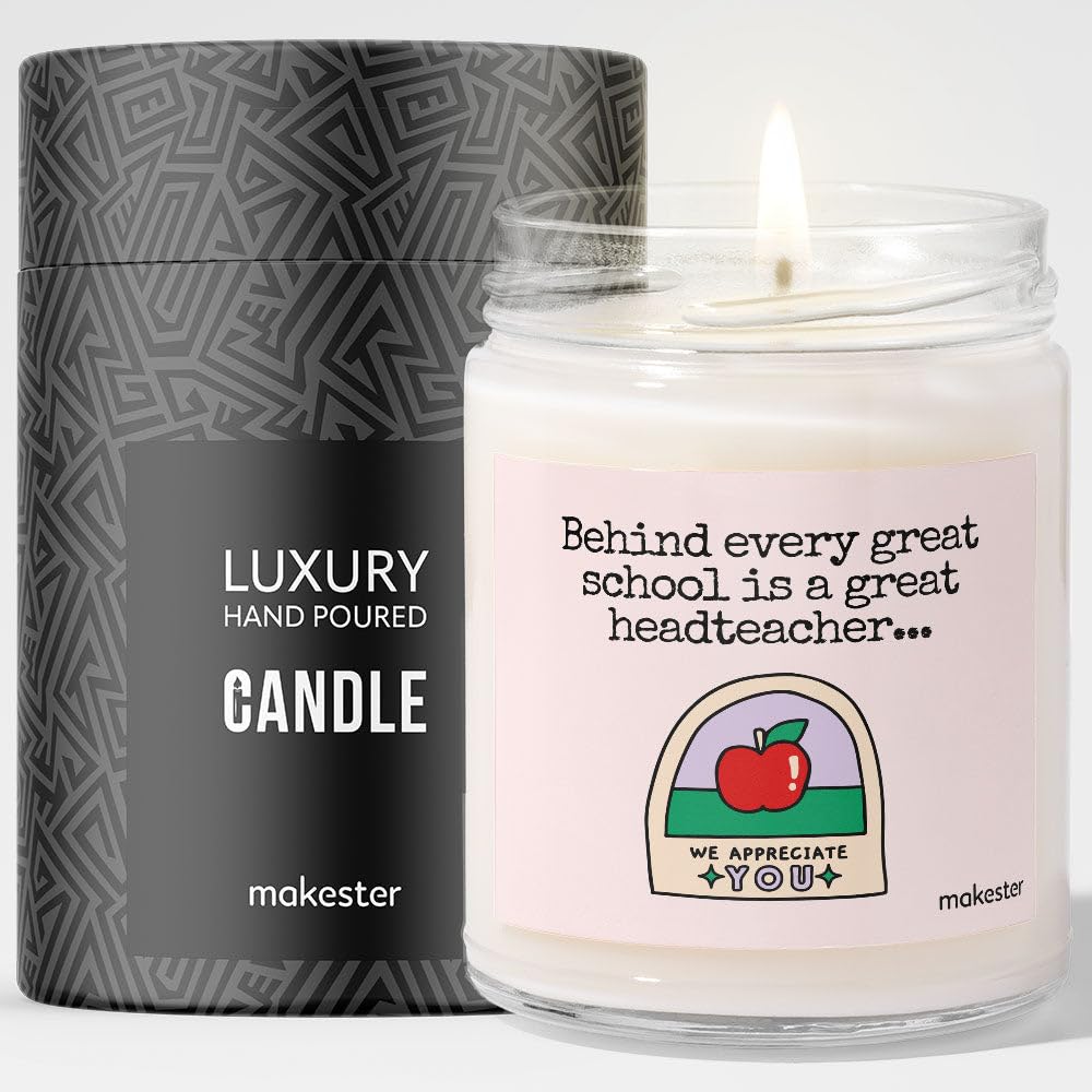 Head Teacher Gifts - Luxury Soy Wax Candle - Vanilla, Jasmine, Sugared Almond - Makester, White
