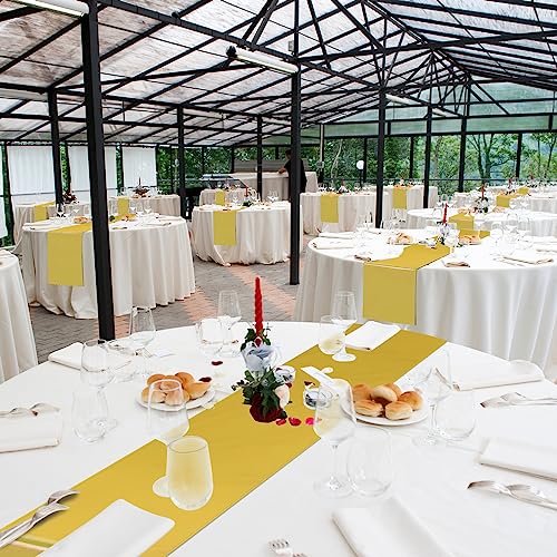 Image of 12 Pack 12x108 Inch Satin Table Runner and 84 Inch Round Plastic Tablecloths Set White and Gold Disposable Round Table Cover for Graduation Wedding Bridal Shower Anniversary Birthday Party Decorations