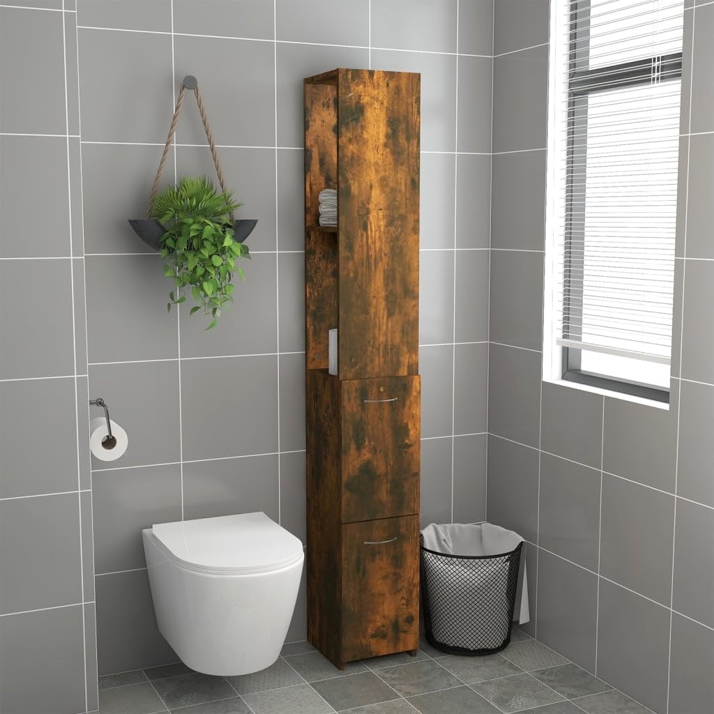 Szafka łazienkowa dąb wędzony, 25 x 26,5 x 170 cm, materiał drewnopochodny z dużą ilością miejsca do przechowywania, elegancki design, montaż na ścianie, nadaje się do prania, kosmetyków i