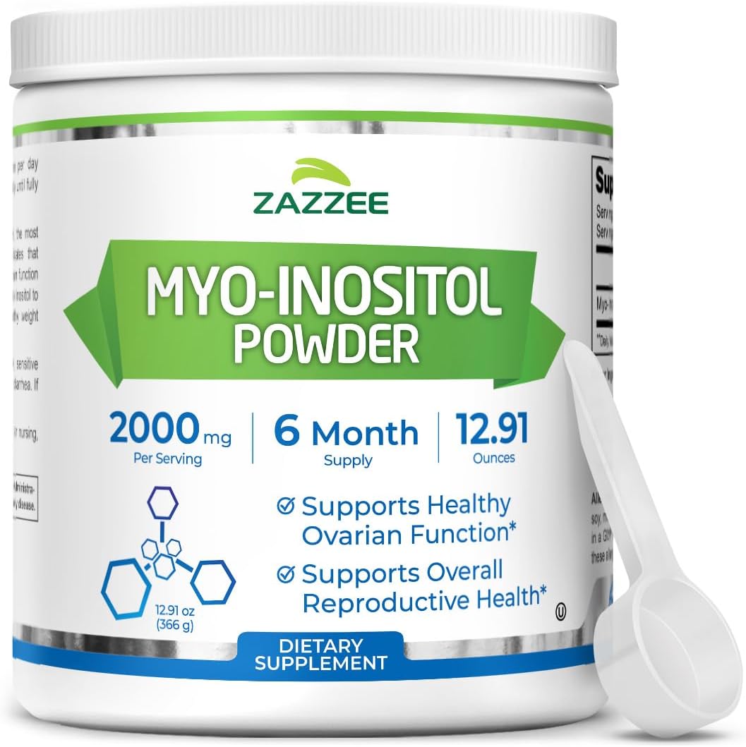 Zazzee Myo-Inositol Powder, 6 Month Supply, 183 Servings, 2000 mg per Serving, Free Scoop for Exact Dosage, 12.91 Ounces, Certified Kosher, 100% Pure, Fertility & Reproductive Support, Made in the USA