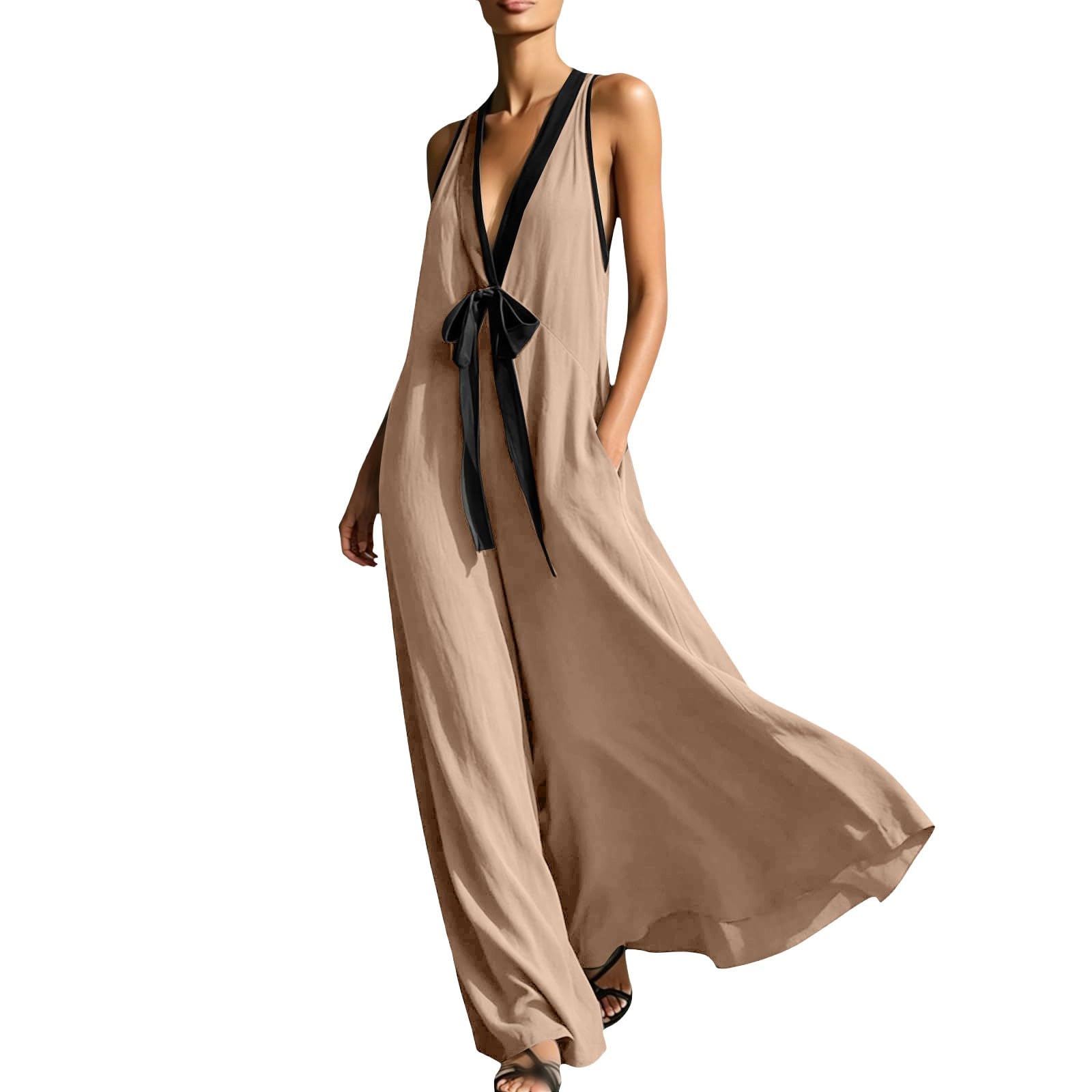 Robe d'été légère pour femme - Robe longue en mousseline - Dos nu - Robe tunique avec nœud - Élégante - Couleur unie - Épaules dénudées - Avec poches - Col en V - Robe de vacances et plage