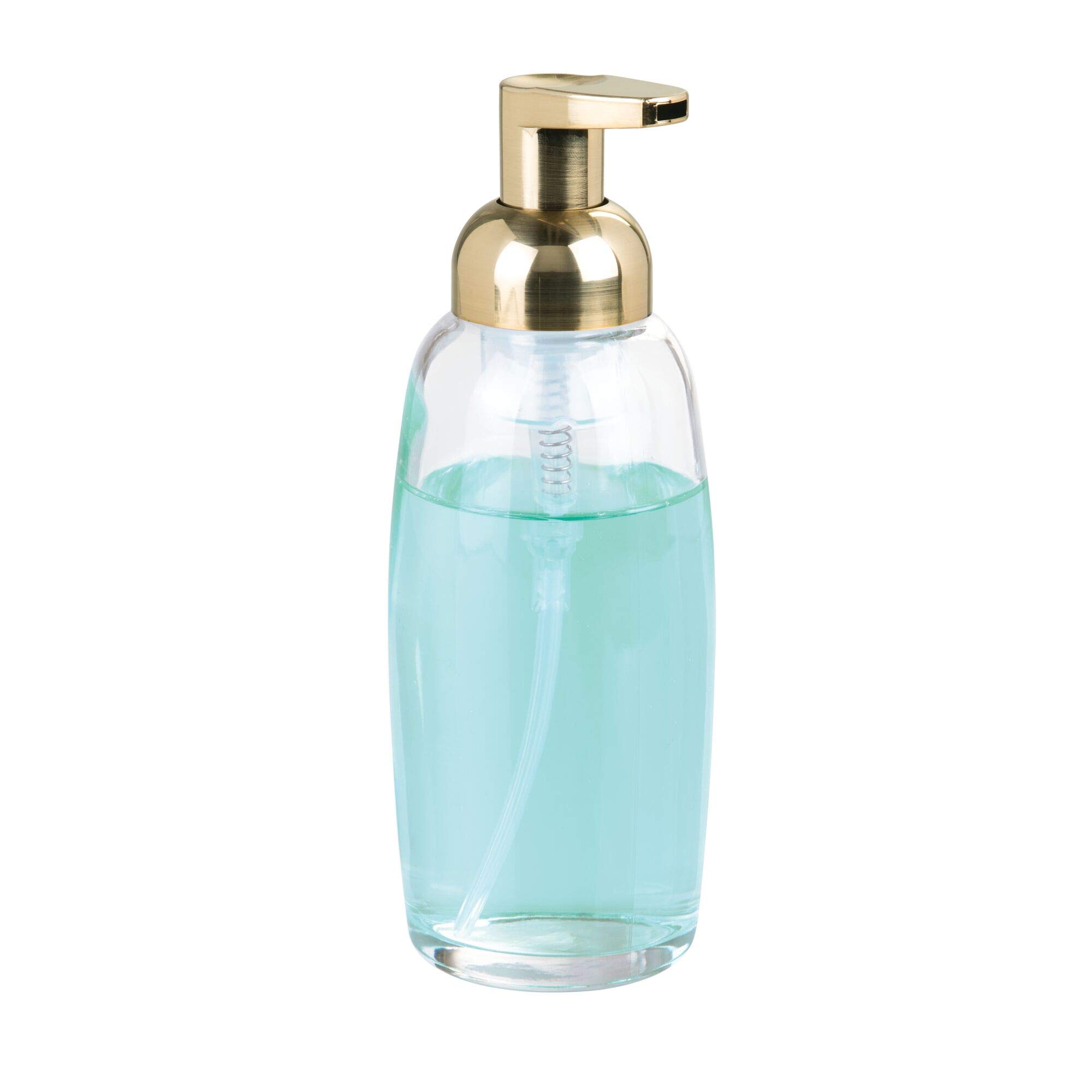 InterDesign Ariana Glass Foaming Soap Pump Dispenser for Kitchen Countertop, Bathroom Vanity - Clear/Gold/Brass