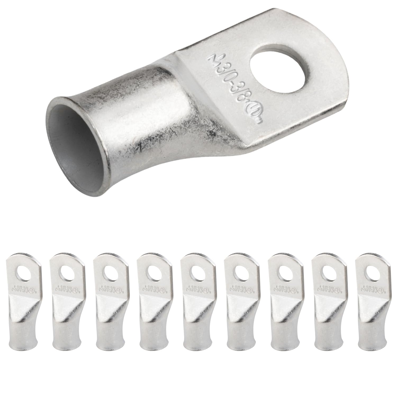 SELTERM 3/0 AWG - 3/8" (M10) ⌀ Hole UL Marine Grade Wire Lugs, Battery Cable Ends, Tinned Copper Eyelets, Tubular Ring Terminal Connectors [B88] - 10 Pack — image 1