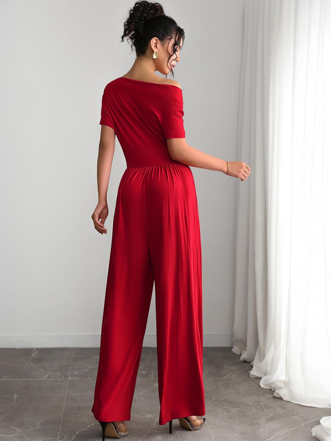 Women's Jumpsuits Dressy Casual Off Shoulder Jumpsuit Boat Neck Wide Leg Long Pant Romper One Piece Outfits - Image 3