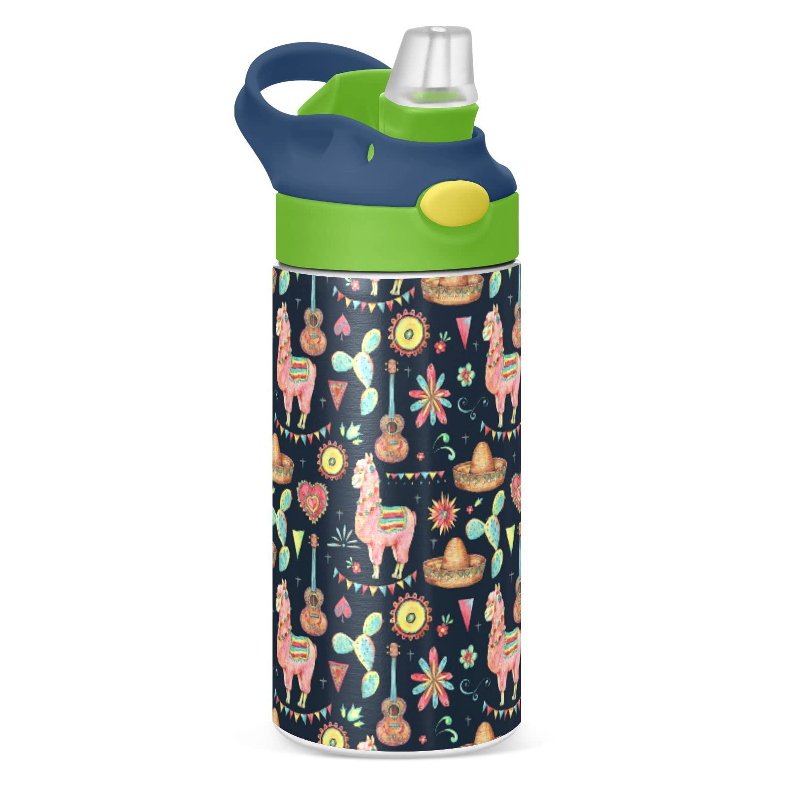 Mexican Sun, Cactus, Llama, Sombrero, Flowers Day of The Dead Tumbler with Lid & Straw, Boys Girls Stainless Steel Double Wall Cup Water Bottle BPA-Free Vacuum Insulated Thermal Mug 11.8 Oz