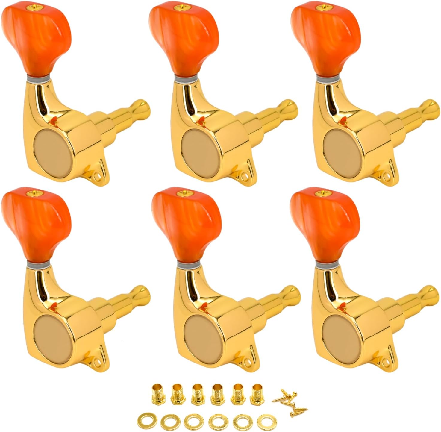 FretJoyB 21:1 Guitar Tuning Keys 6 in Line(6 Right) Standard Guitar Tuners Acoustic or Electric Guitar Tuning Keys Replacment For ST/TL/LP/SG- GoldOrange(6R)