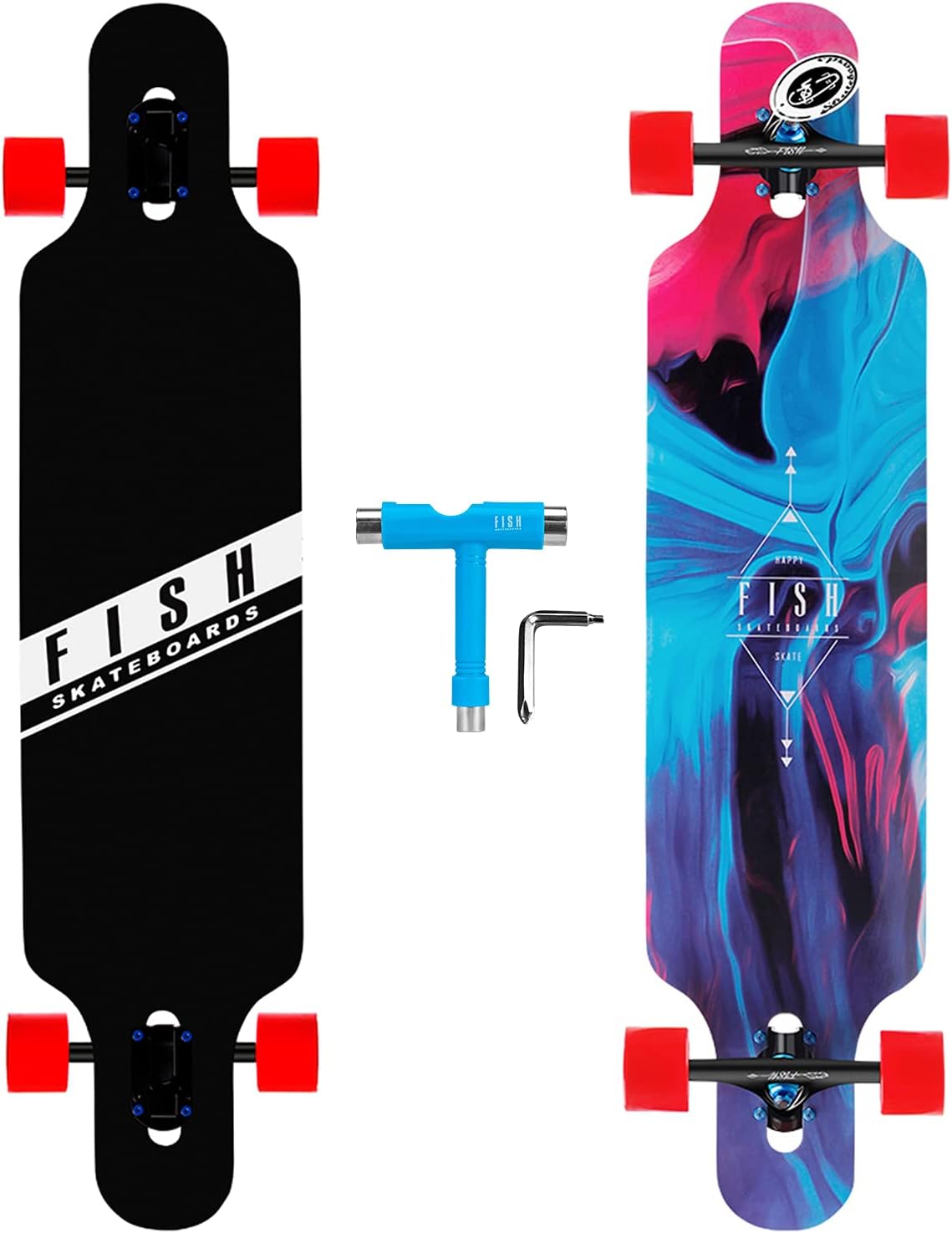 FISH SKATEBOARDS 41-Inch Downhill Longboard Skateboard Through Deck 8 Ply Canadian Maple, Complete Cruiser, Free-Style