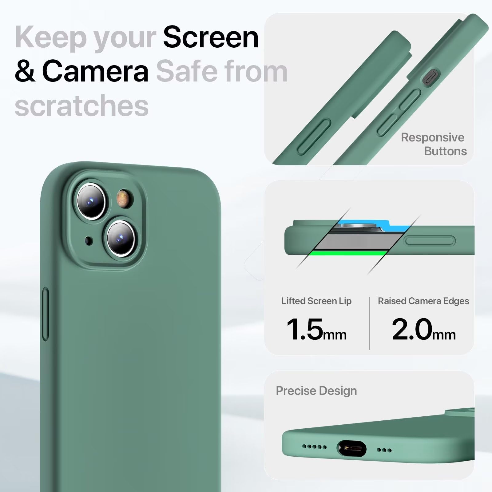 GOODVISH 3 in 1 Silicone Cover per iPhone 15 6.1" (2023), Custodia con 2 Pellicola Protettiva, Case per Cellulare Ultra Sottile Antiurto Resistente [Protezione Fotocamera], Verde Pino
