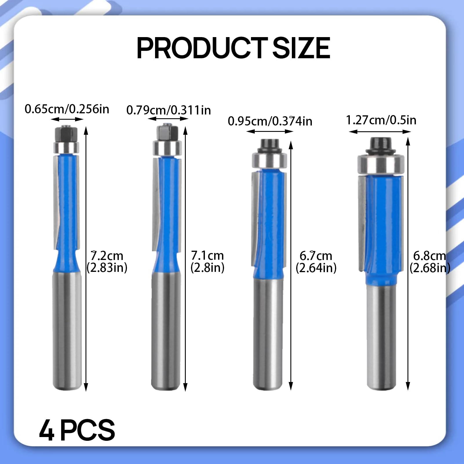 4 Pcs Fraise Defonceuse 8mm,Fraise pour Affleurer,Per Menuiserie Bricolage de Coupe Garniture Affleurante,Fraise a Copier,Diamètre de coupe: 1/4", 5/16", 3/8", 1/2",Per Menuiserie Bricolage