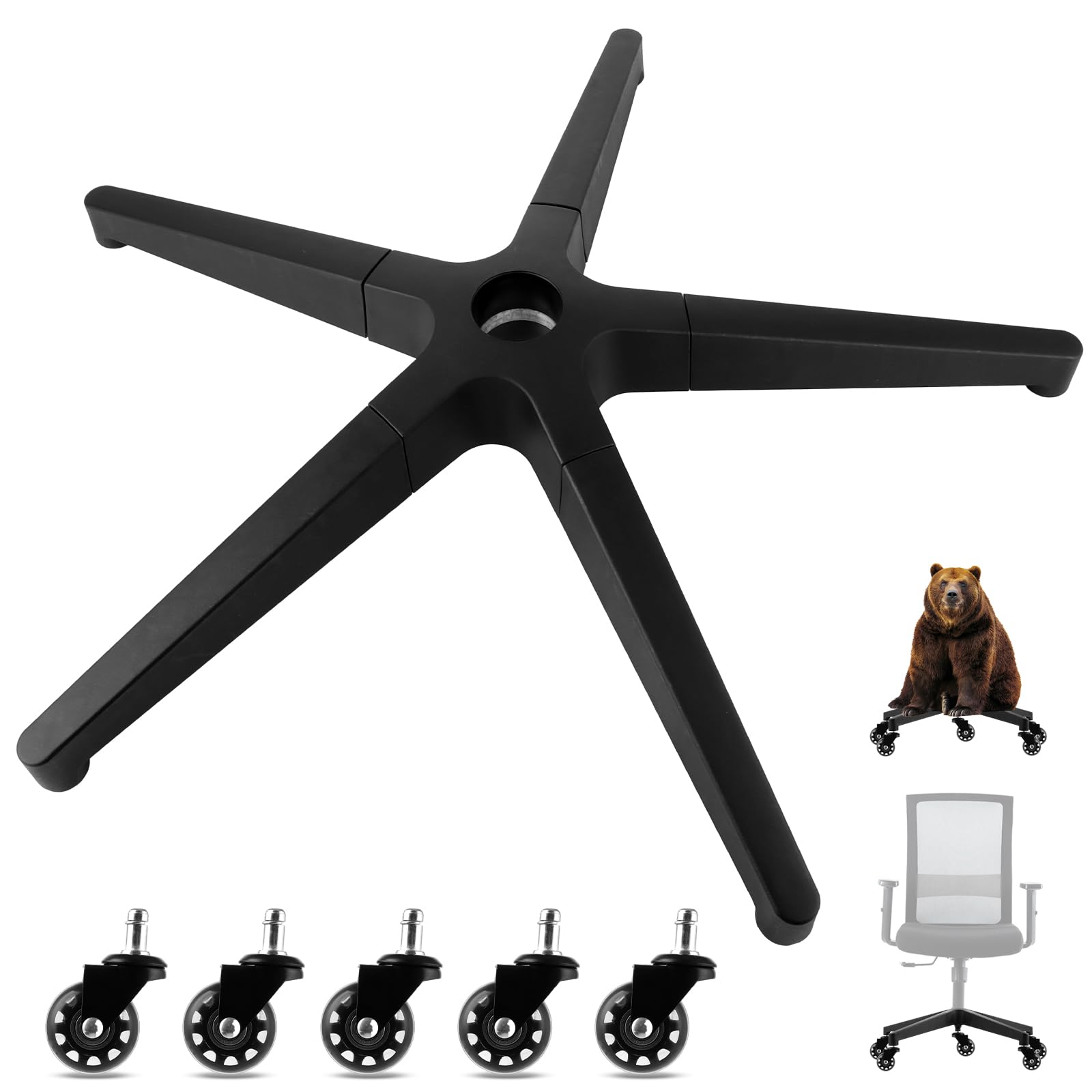 DAJAVE Chaise de bureau en forme de croix de 200 kg, en métal, diamètre 70 cm, universelle, pour roues de 11 mm x 22 mm et ressort à gaz de 50 mm, durable, stable, avec base en métal noir