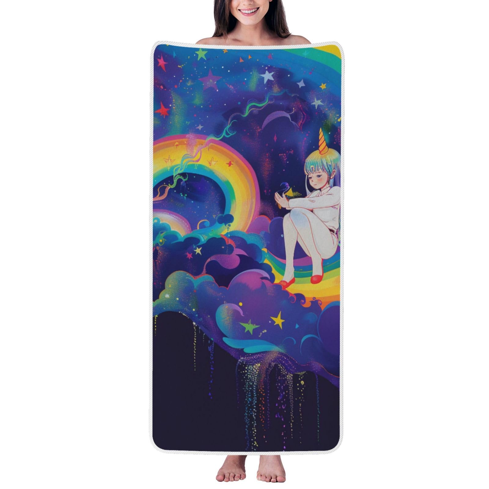 WPKJU Rainbow Printed Bath Towel with White Edging - 27x55 in Soft Extra Absorbent Coral Velvet Shower Towels for Bathroom