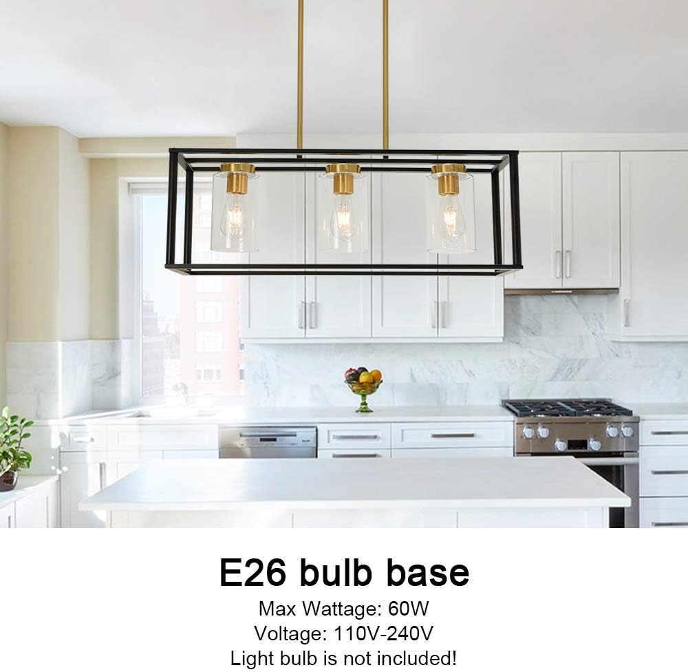 Buy 2 get 3 VINLUZ Industrial Chandeliers 3 Light with Clear Glass Shade Brushed Brass and Black Modern Farmhouse Dining Room Lighting Fixtures Hanging, Kitchen Island Linear Pendant Lights Ceiling