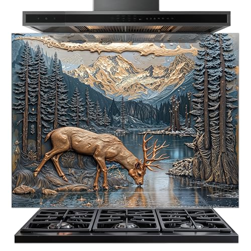 Tempered Glass Backsplash for Kitchen - Easy to Clean Behind Stove Backsplash Protector for Wall - Heat and Scratch Resistant Backsplash for Stove - Copper Deer Design
