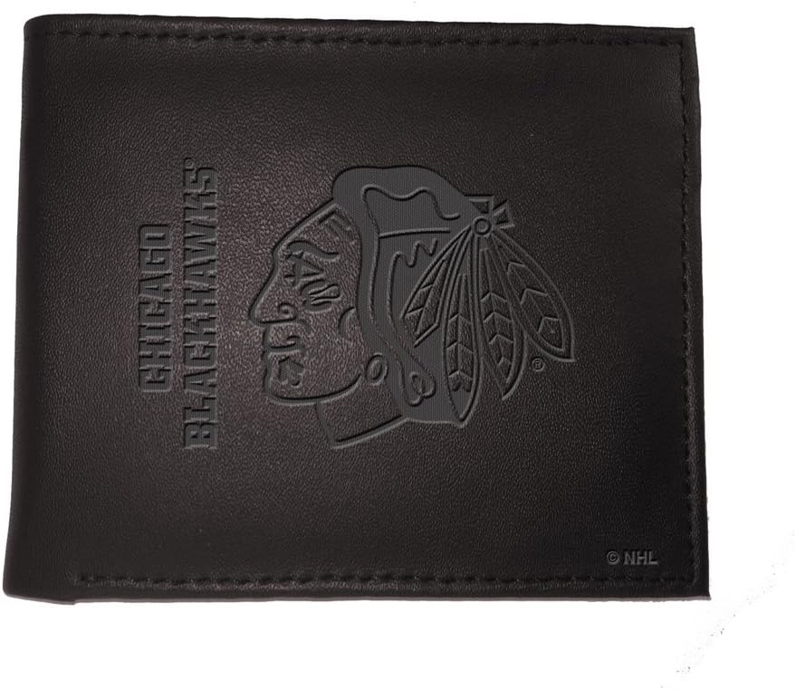 Team Sports America NHL Chicago Blackhawks Black Wallet | Bi-Fold | Officially Licensed Stamped Logo | Made of Leather | Money and Card Organizer | Gift Box Included