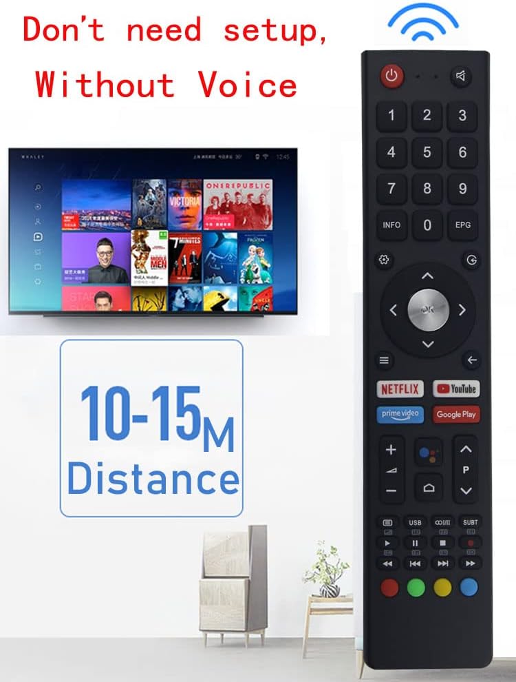MATCOM Smart TV Remote Control next to a TV screen, showing 'no setup' and '10-15M distance' features