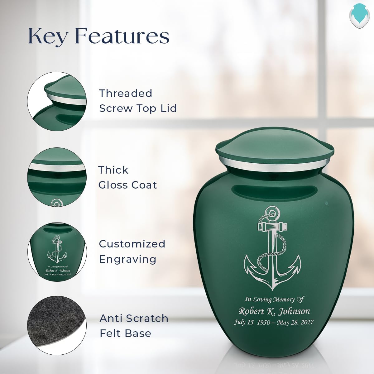 Geturns - Adult Personalized Anchor Cremation Urns for Human Ashes I Large Green Funeral Urn for Men and Women I 200 lbs