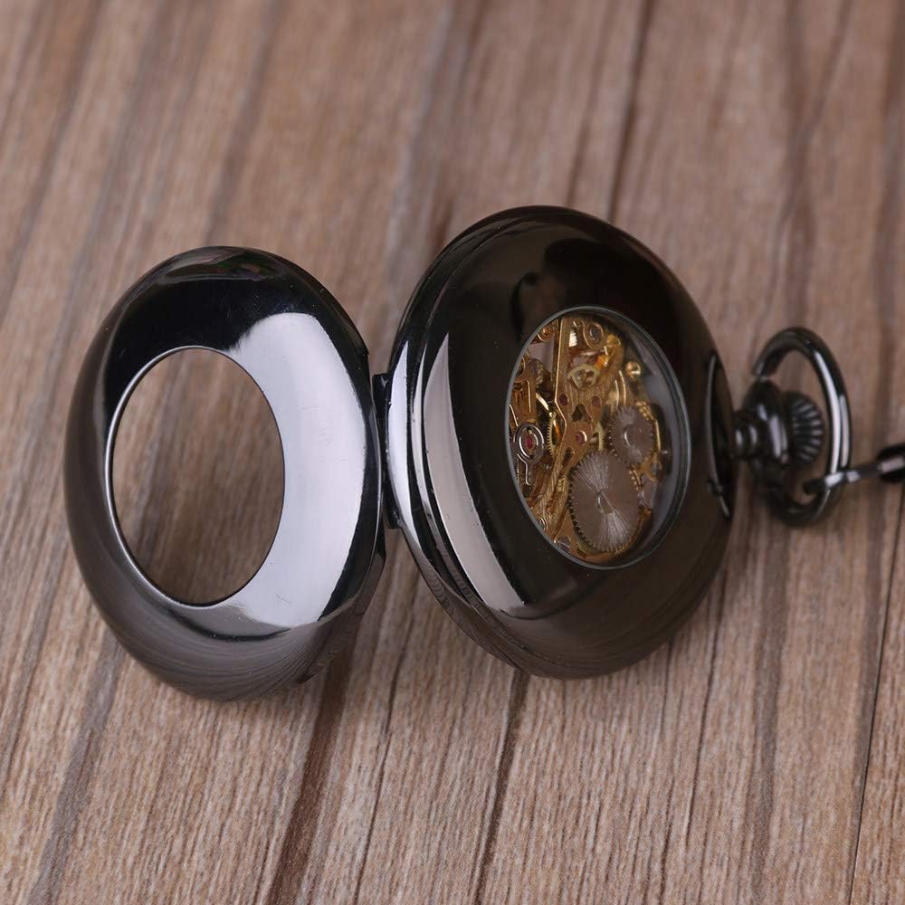 OIFMKC Pocket Watch Vintage Automatic Mechanical Pocket Watch Men Hollow Exquisite Chain Smooth Case Pendant Watches Mens Retro Black Clock