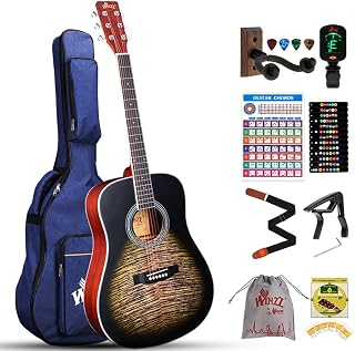 Winzz 4/4 Acoustic Guitar for Adults Beginners, Folk Guitar for Kids 12+ Years with Nice Flame Pattern, Acoustic Steel-string Guitar Starter Kit with 11 Accessories (Matte Black, 41 inches Full Size)