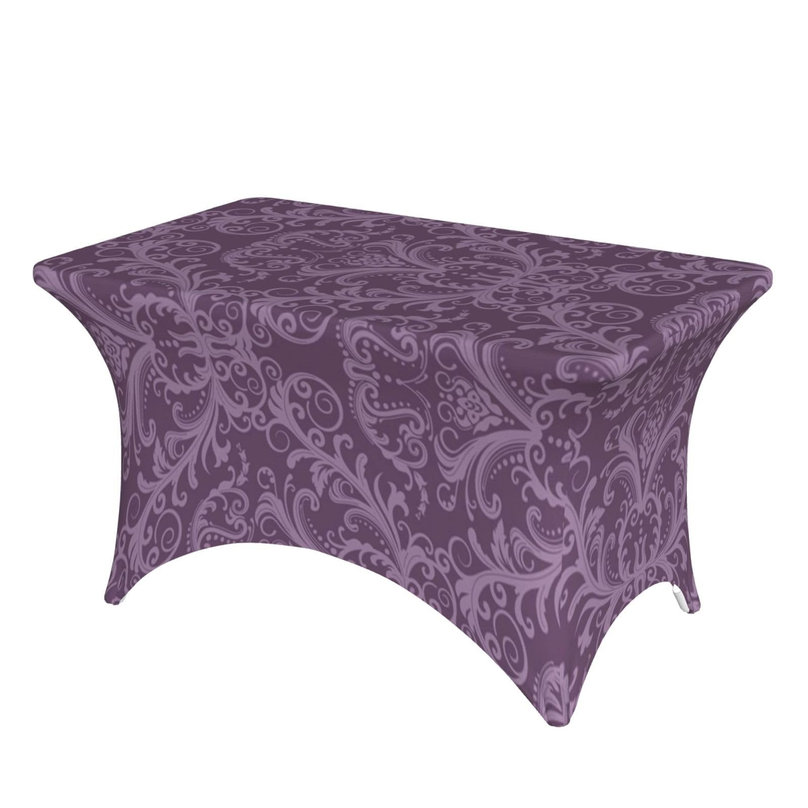 Dcehgew Purple 4Ft Spandex Rectangular Table Cloth, Printed Fitted Elastic Tablecloths Washable Table Cover For Event, Wedding, Banquet & Party
