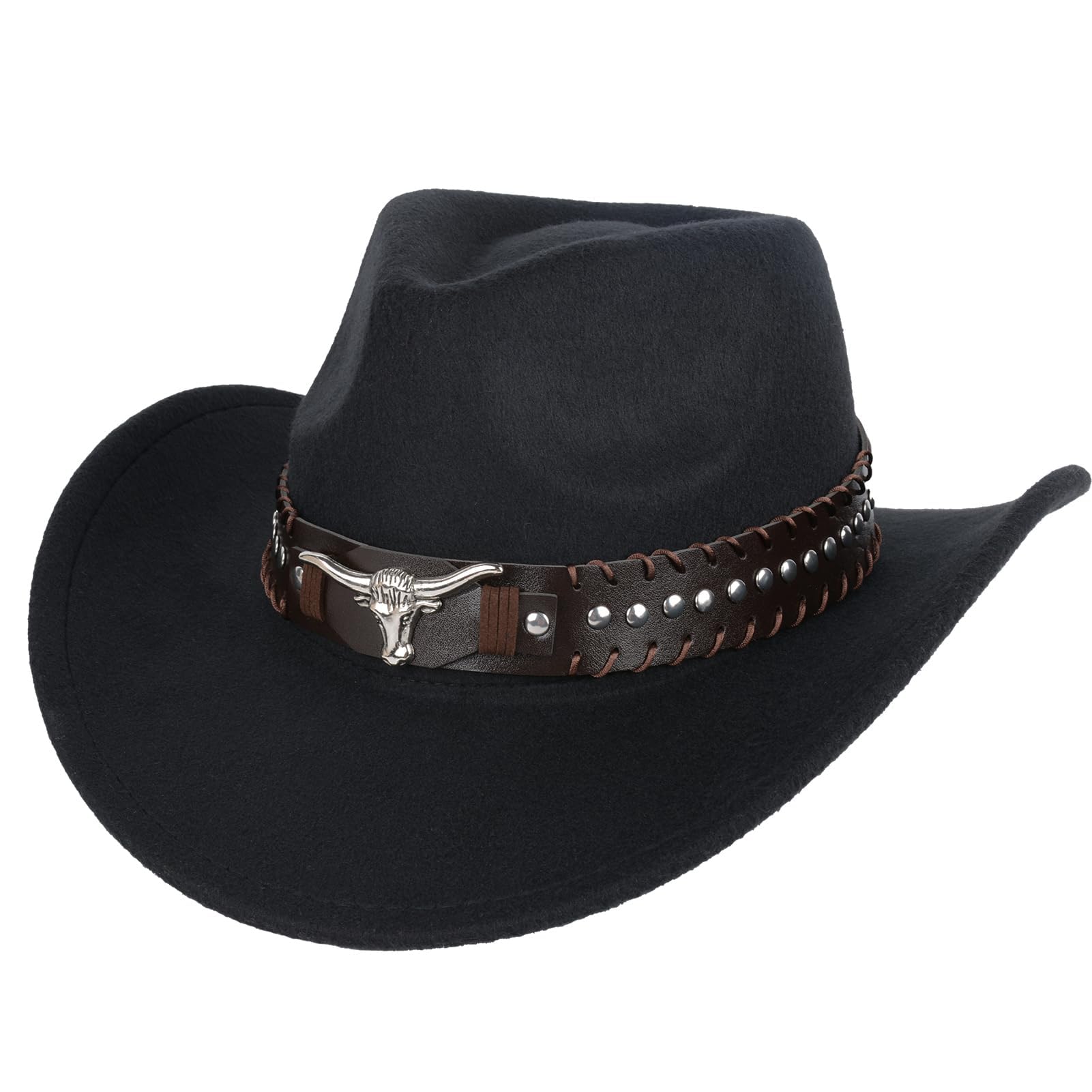 MYKAGS Chapeau de Cowboy en Feutre de Laine de Style Occidental avec Accessoire distinctif en Forme de tête de Taureau Chapeau de Soleil pour l'extérieur Chapeau de Cowboy Unisexe Polyvalent (Noir)