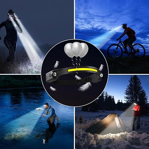 Miniatura 12 de Paquete de 3 faros delanteros, linterna LED con sensor de movimiento, lámpara de cabeza ancha COB de 230°, 5 modos de luces para la frente