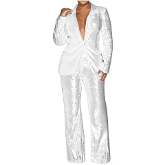 Firzero Blazer Sets Women 2 Piece Outfits Fall Sequin Solid Color Blazer Jacket and Wide Leg Pants Pockets