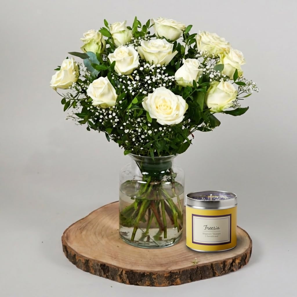 Fleur De Luxe Flower Of Love White Fresh Flower Bouquet With Candle, Romantic Valentine’s Day Gift For Her, Elegant Scented Candle And White Floral Arrangement For Anniversary Or Date Night
