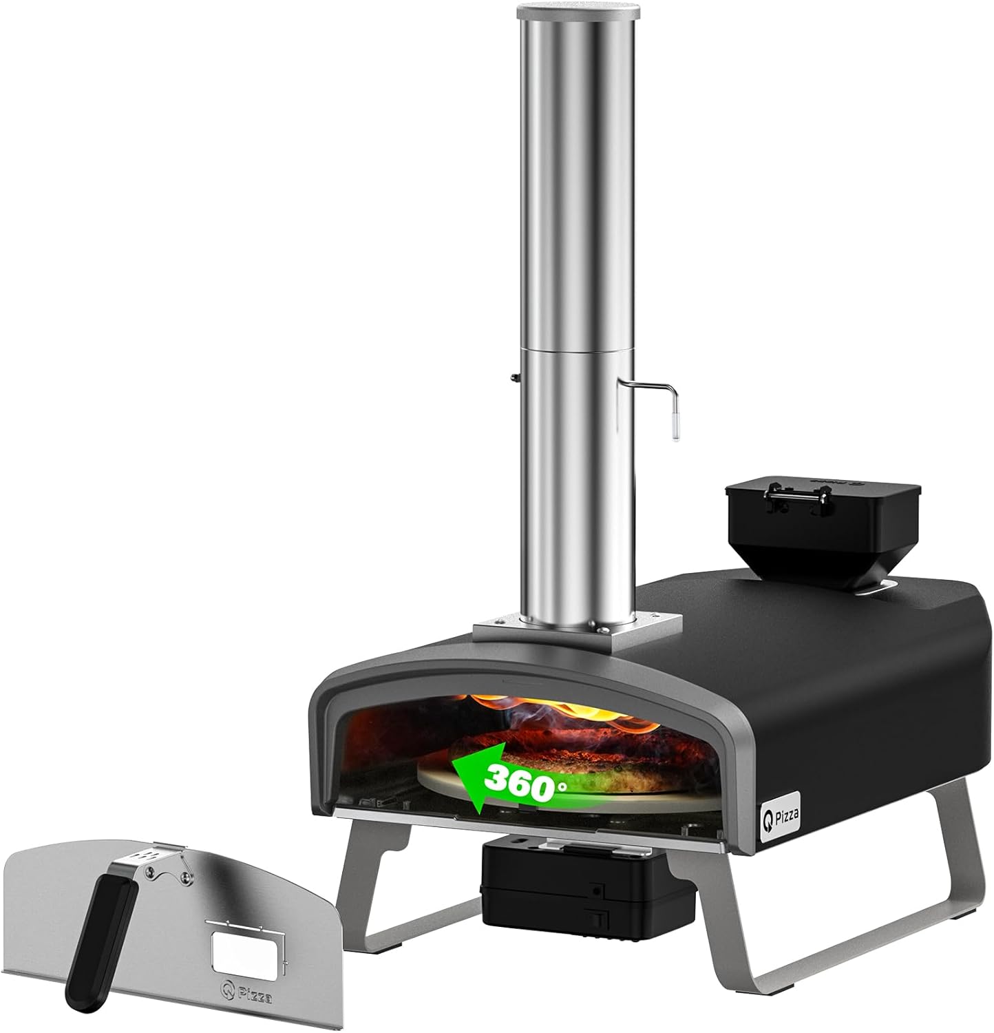 Q Pizza Wood Pellet Pizza Oven with Rotatable Stone, Portable Pellet Pizza Oven with Chimney and Door, Outdoor Pizza Stove for Backyard, Camping, Picnicking, RV, Tailgating, PS106