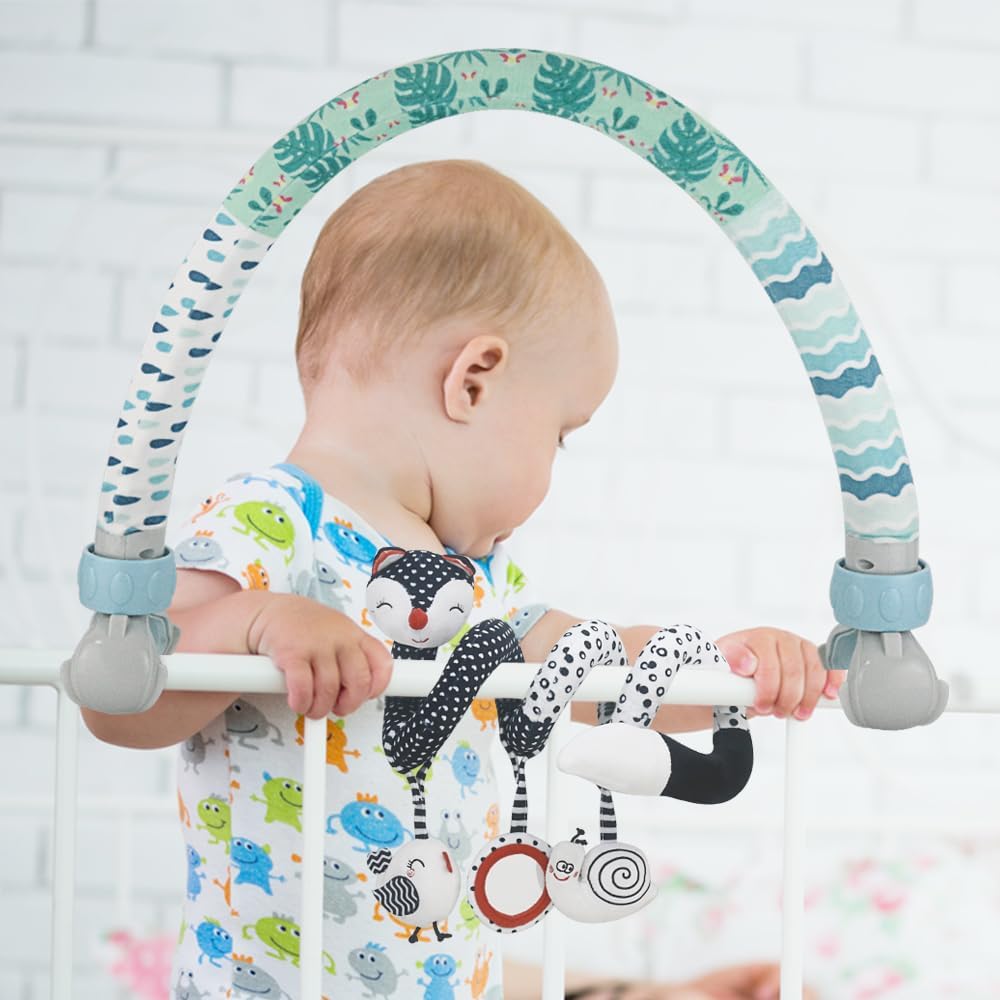 Caterbee Baby Stroller Arch Toys, Black and White Hanging Toy Activity Set, Stretch & Spiral Adjustable Clamp for Cribs & Car Seats, Includes Rattles, Squeaker & Teether for Newborns and Infants (02)
