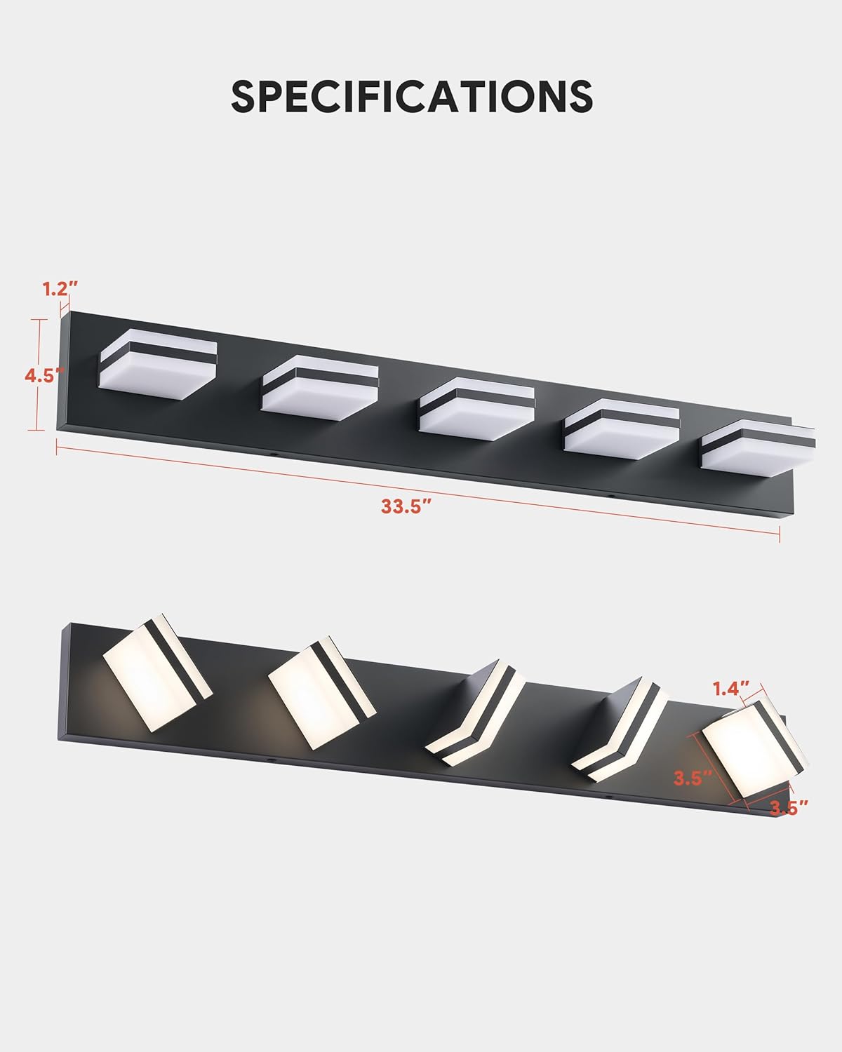 VONLUCE Bathroom Vanity Light Fixture, 5-Light Modern LED Vanity Light, 3CCT Adjustable Bathroom Lights with Memory Function Rotatable Shades, 34" Wall Lighting Fixture Over Mirror, Matte Black