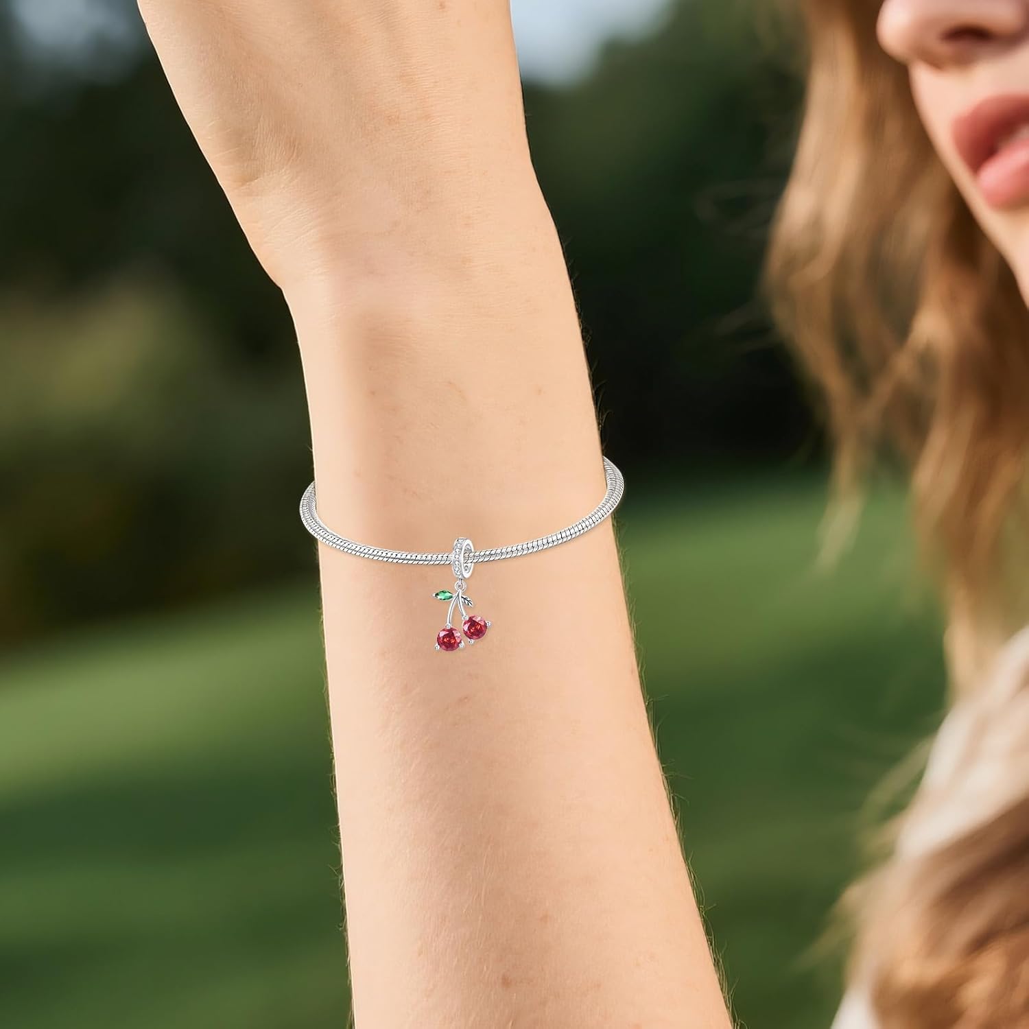 MONGAS Cherry Charms for Charm Bracelets Sterling Silver Cherry Bracelets Anklet Fruit Jewelry Gifts for Women