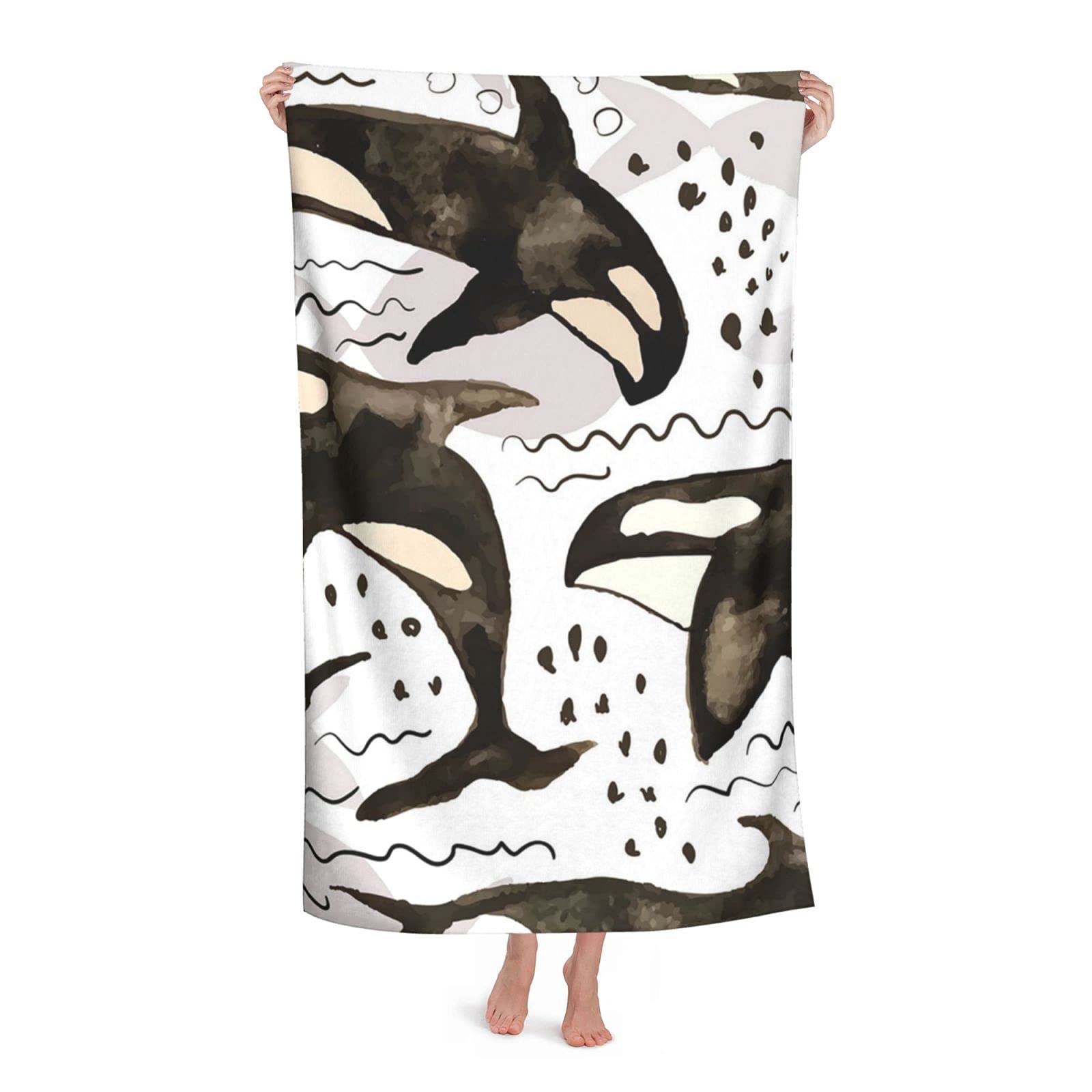 LSRCPD Watercolor Orcas Beach Towel Highly Absorbent Microfiber Beach Blanket Soft Bath Towels 80 x 130 cm