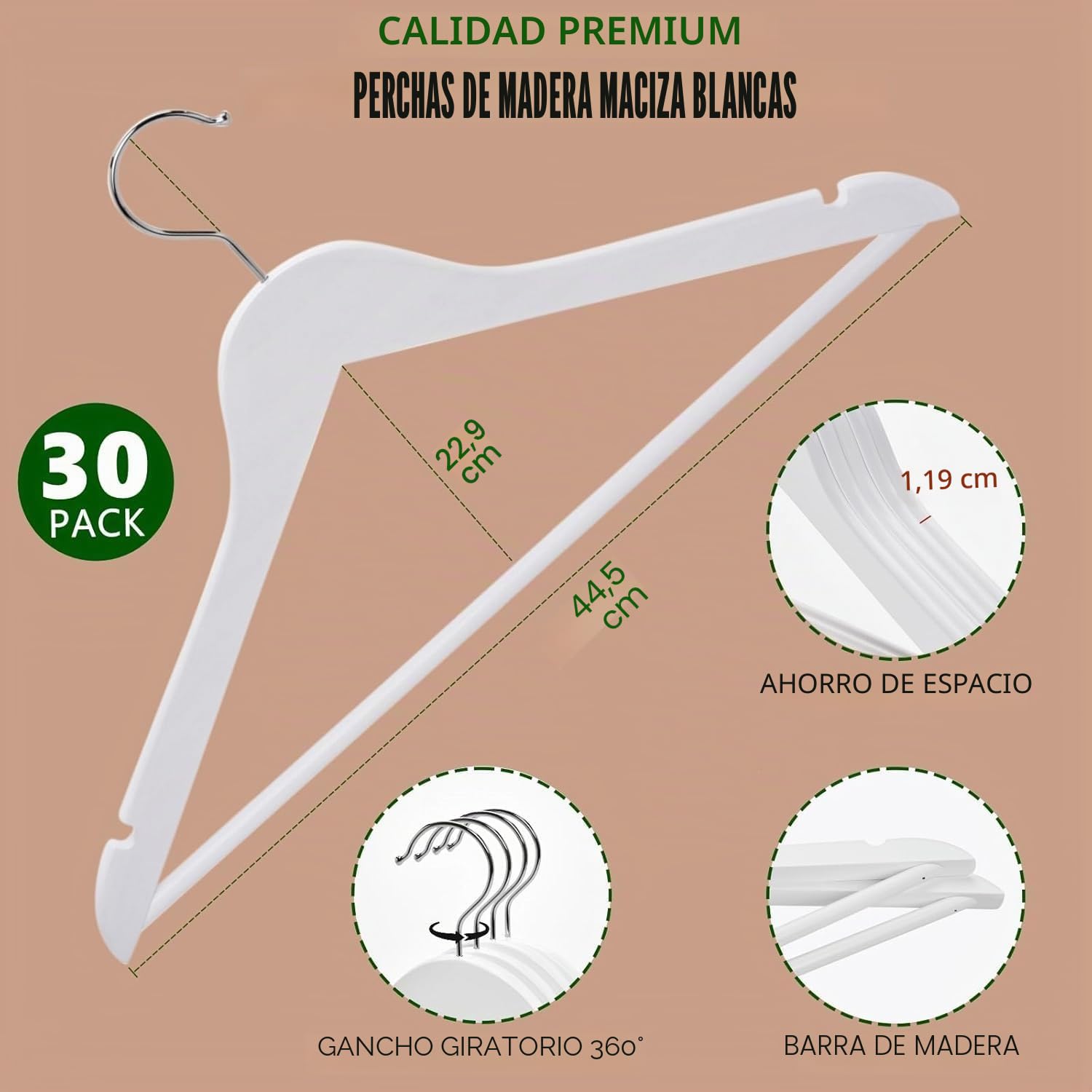 Amber Home 20 Unidades 44,5cm Perchas de Madera Blanco, Robusta y Brillante Percha para Camisetas Camisas Trajes Abrigos Vestidos Tirantes Bodas, con Varilla y Ranuras | 44,5 cm, barra antideslizante para pantalones, muescas en los hombros, perchas para c